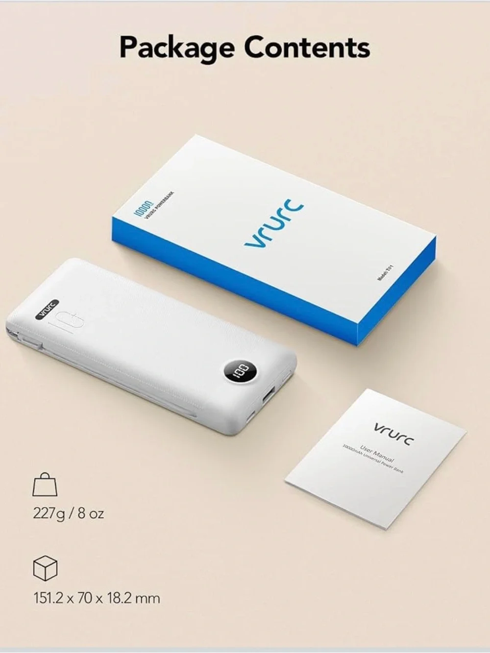 NEW VRURC 10000mAh Portable Charger Power Bank w/ Built-In AC Plug - White